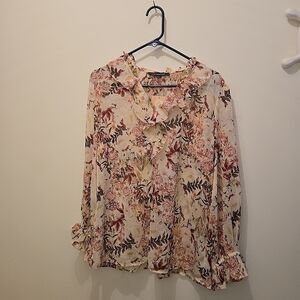 Floral Ruffle Blouse - Cream and Pink